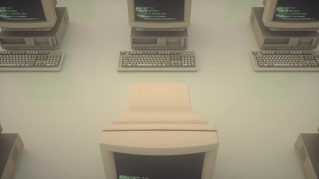 Retro personal computer or PC with keyboard. Source code on screen, display. Loop background