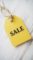 A yellow tag with the word Sale written on it. The tag is hanging from a string. The tag is on a white surface