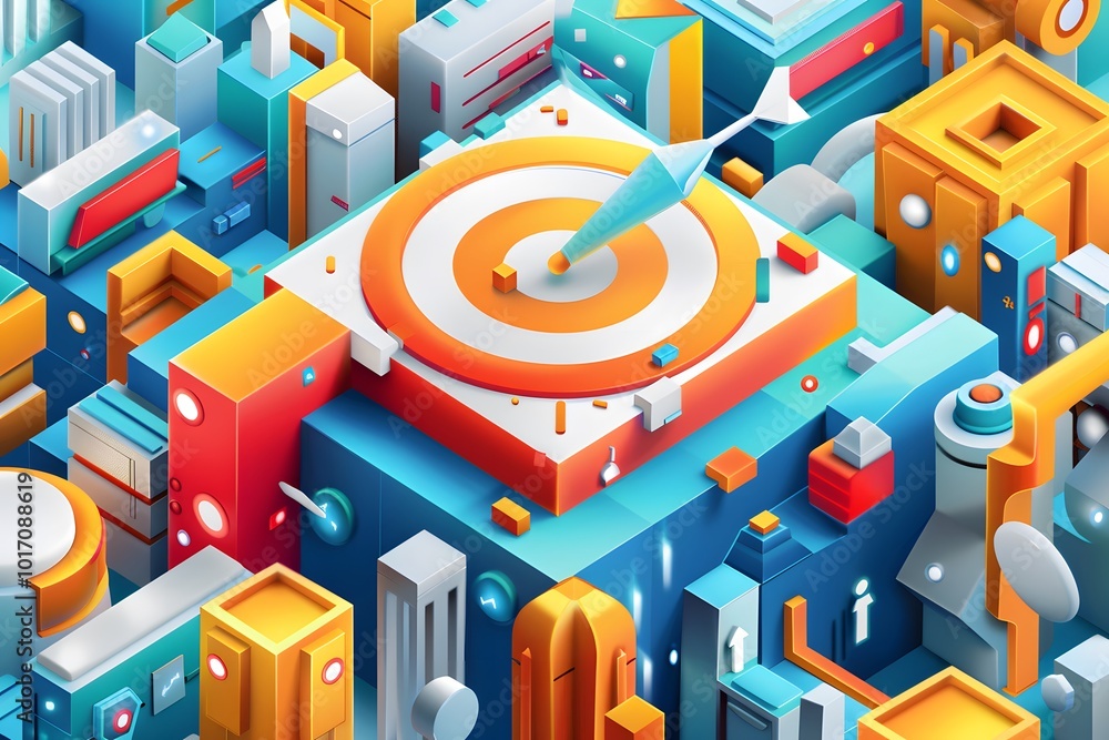Aufkleber vibrant 3d cityscape with target and arrow in a colorful abstract design