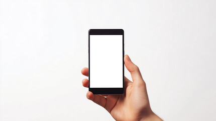 Smartphone with white screen in hand on neutral background. Modern technologies.