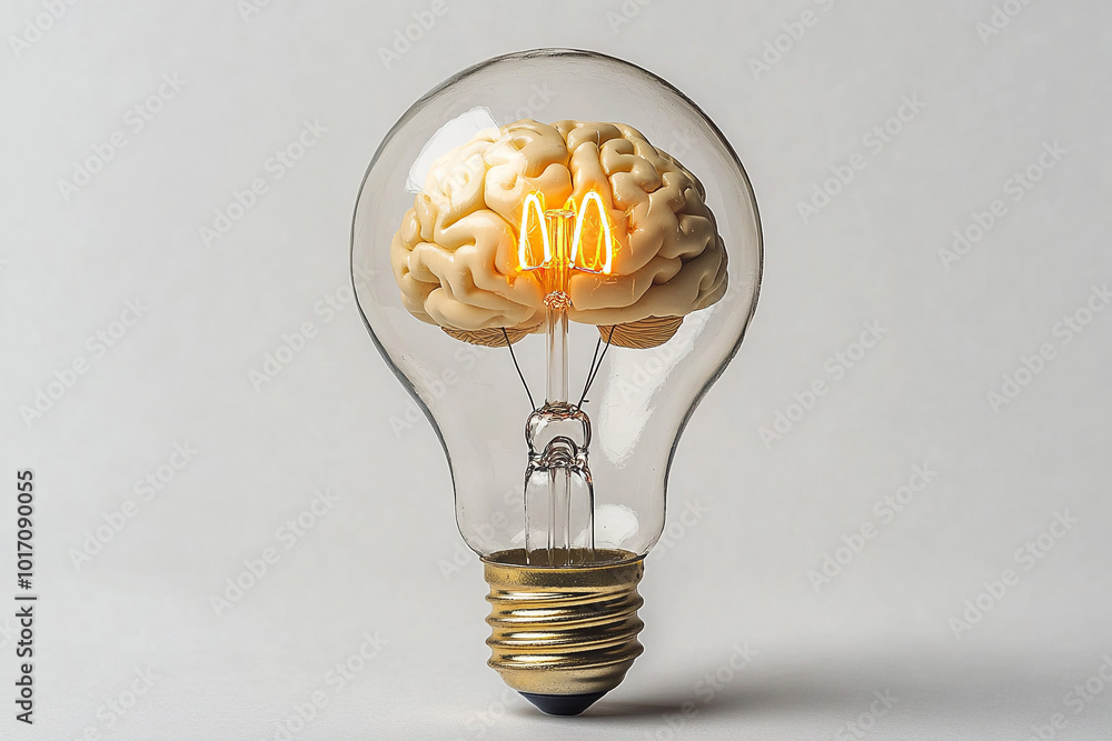 Poster the brain inside the light bulb represents the power of inspiration and the potential for innovative