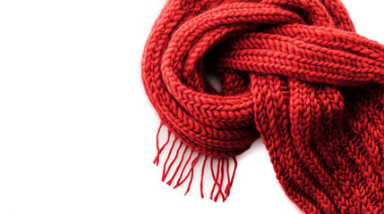 Warm knitted red scarf isolated on white background. Copy space. Winter clothes.