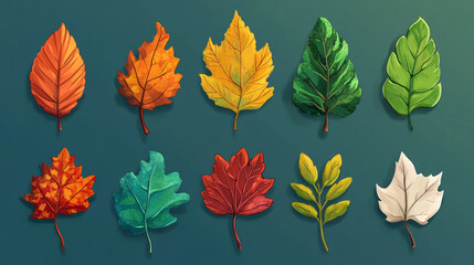Set of autumn leaves from different trees on green background. Top view. 