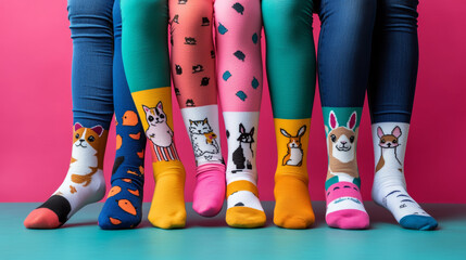 A collection of colorful socks featuring cute animals like cats, dogs, and llamas in silly poses. 
