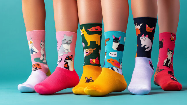A collection of colorful socks featuring cute animals like cats, dogs, and llamas in silly poses. 