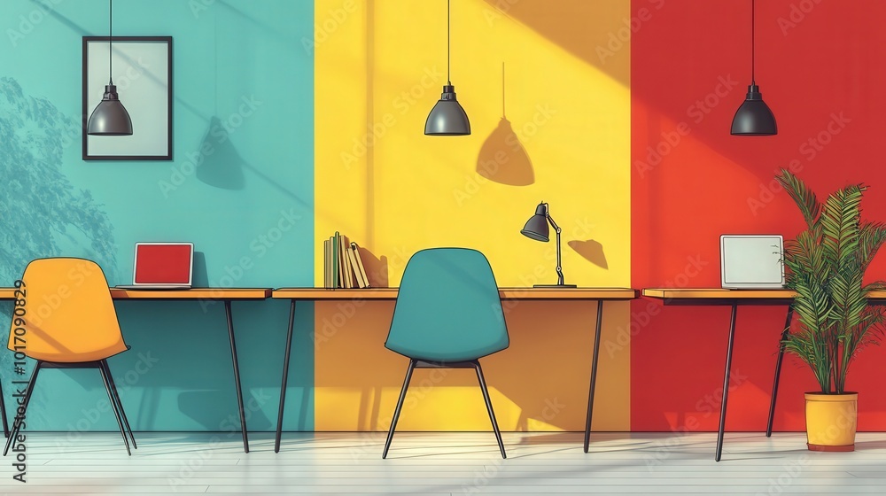Poster retro minimalistic desk graphic poster with playful colors and simple composition