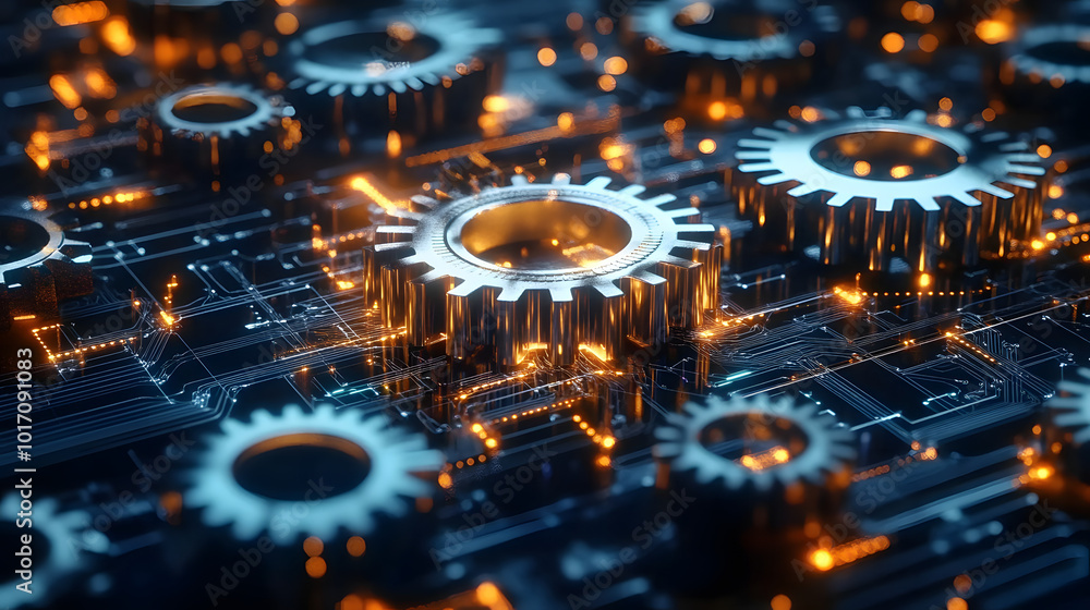 Poster interconnected gears and circuitry symbolizing synergy between technology and business processes