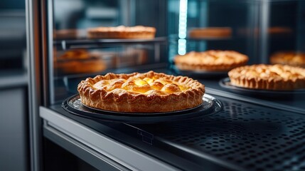 Fall desserts, including freshly baked pies, glowing softly in the light of a futuristic display case, surrounded by advanced baking tech