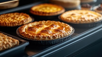 Fall desserts, including freshly baked pies, glowing softly in the light of a futuristic display case, surrounded by advanced baking tech