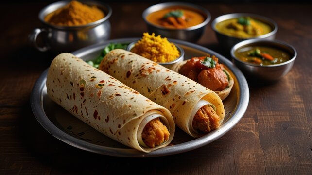 Two Indian wraps with chicken curry and rice on a silver platter.