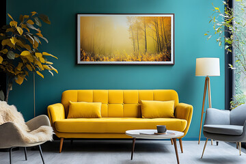 Vibrant yellow sofa and chair near teal wall with poster frame. Scandinavian interior design of modern living room.