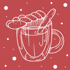 Drawing of poured crochet in glassware and bun-braid advancing on the rim of the glass in hand-drawn style. Design of French Christmas drinks based on wine with the addition of fresh