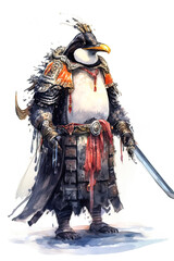 Obraz premium A penguin dressed in samurai armor holding a sword