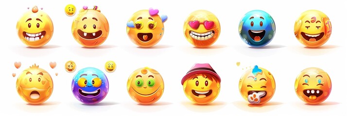 Naklejka premium This display features a variety of cheerful emoji faces showcasing different emotions and expressions in bright colors. Generative AI
