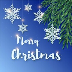 Origami Christmas greetings cards. Paper cut snow flakes. Happy New Year. Winter snowflakes background. Space for text. Grid blue background.	