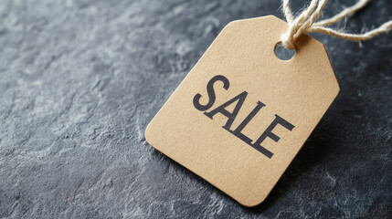 A tag with the word Sale written on it is hanging from a string. The tag is brown and has a black font. Concept of shopping and bargain hunting