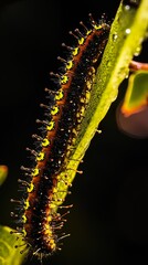 Naklejka premium Close-Up of a Spiky Caterpillar on a Green Leaf
