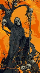 A grim reaper holding a skull staff, standing in front of an orange sky with...