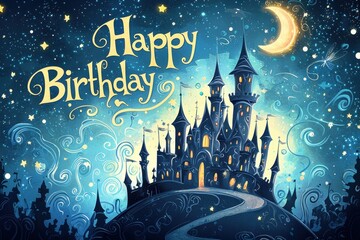 Whimsical Fairy Tale Birthday Card Design with Magical Castle and Twinkling Stars