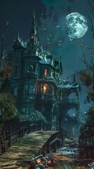 A haunted house with ghostly figures floating around, set against the...