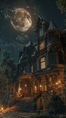 A haunted house with lanterns, a dark sky, and a full moon in the background,...