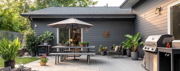 Smoke gray house with slate vinyl siding, a modern patio with a smoke gray dining table, charcoal grill, pewter umbrella, and dark gray potted plants