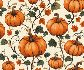 orange pumpkin and green leaves, thanksgiving seamless pattern
