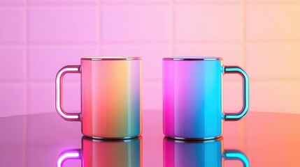 Warm beverages served in futuristic mugs that change color with heat, on a sleek chrome table illuminated by soft neon lighting
