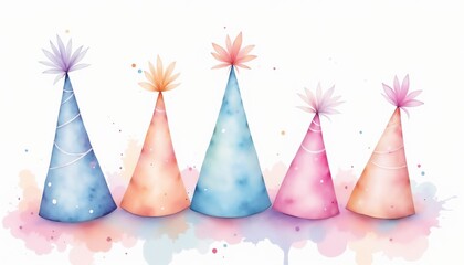 Watercolor painting of colorful party hats with playful designs on a soft background copy space