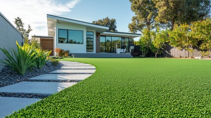 Soft mint green synthetic turf fronting a modern home with a minimalist concrete pathway and backyard