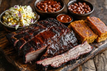 Rustic Barbecue Platter with Smoked Meats and Classic Southern Sides