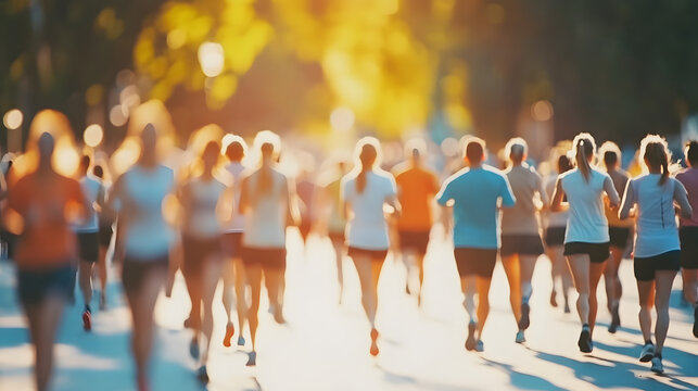 diverse group of people participating in charity walk or run for world health day blurred background