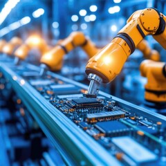 Automated robotic arm assembling circuit boards in a high tech manufacturing facility