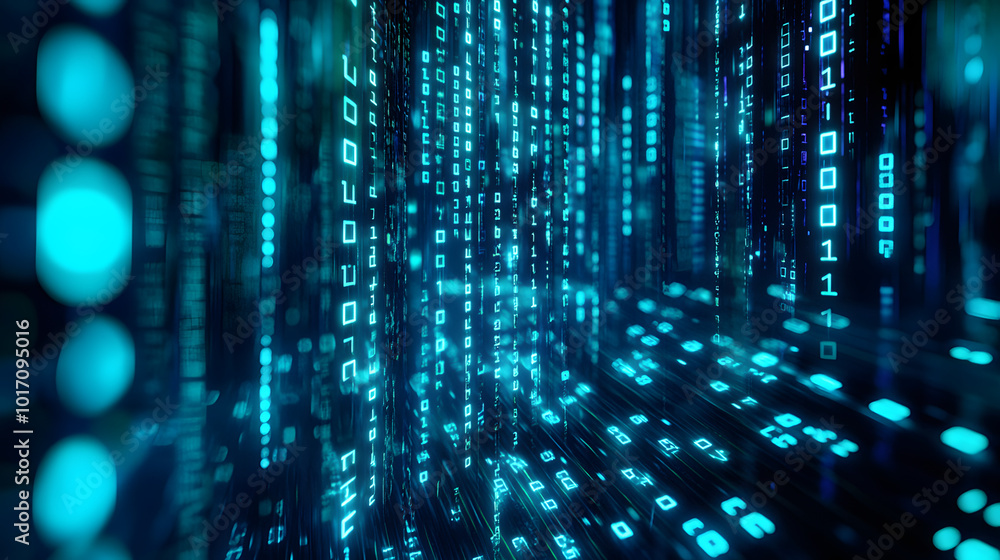 Poster binary code matrix background, perspective view with depth of field, tech style green illuminated nu