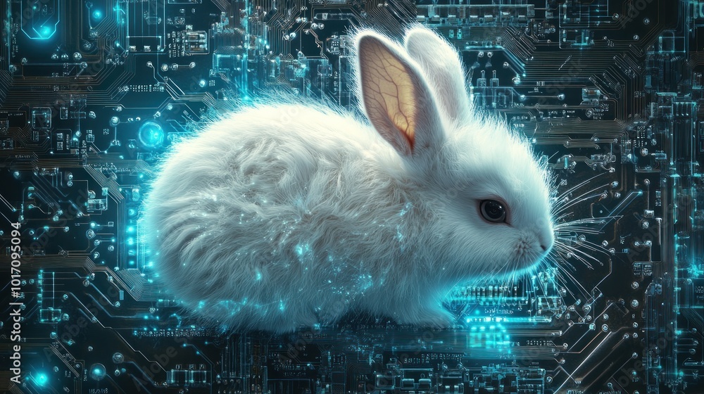 Poster a fluffy white rabbit sits against a backdrop of glowing circuit patterns.