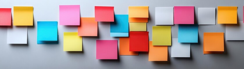 Fototapeta premium Colorful sticky notes arranged creatively on a grey background.