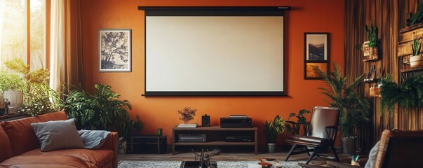 Cozy living room with projector screen and plants, warm orange walls, modern decor.