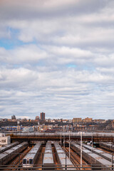 Fototapeta premium railway in the city with rains parked in the main parking area in new york