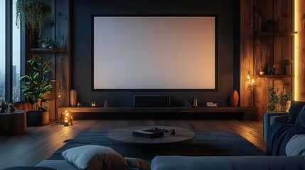 Cozy living room with projector screen and modern decor, warm lighting, and plants.