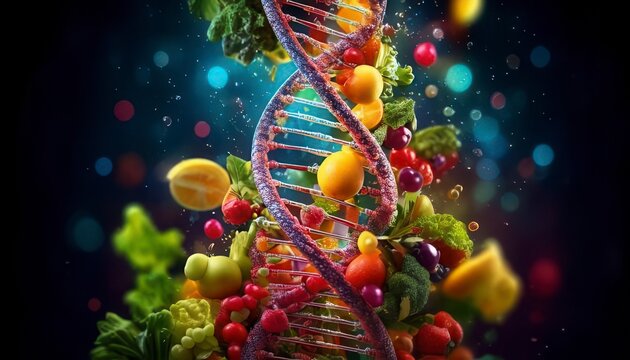 Healthy food diet background with Vivid DNA double helix interwoven code structure. Generated image