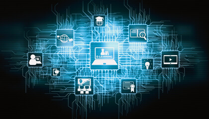 E-learning and Online Education for Student and University Concept. Graphic interface showing technology of digital training course for people to do remote learning from anywhere.