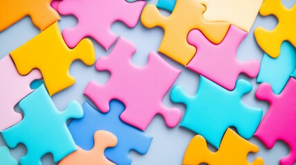 Obraz premium A collection of puzzle pieces in different shapes and colors, ready to be assembled. The pieces are set against a colorful background.