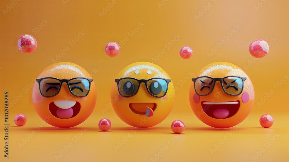 Poster three playful 3d emojis with sunglasses express various emotions amidst bouncing colorful balls in a