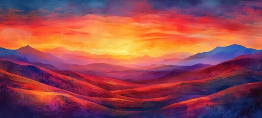 A richly textured, hand-painted illustration of a desert landscape at sunset, with warm orange and red tones blending with soft purples and blues to create a mesmerizing scene