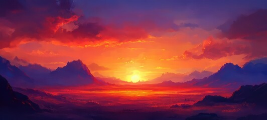 A richly textured, hand-painted illustration of a desert landscape at sunset, with warm orange and red tones blending with soft purples and blues to create a mesmerizing scene