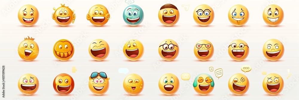 Poster This collection showcases various joyful emoji faces, each representing different emotions and reactions in a vibrant design. Generative AI