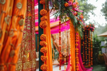 Obraz premium A colorful tent with orange and blue curtains and pillows, generative ai image