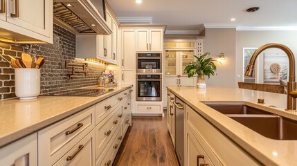Fototapeta premium Contemporary kitchen with cream cabinets, espresso quartz countertops, bronze sink faucet, and golden oak wood flooring