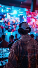 Fototapeta premium A DJ mixes music in front of a crowd. AI.