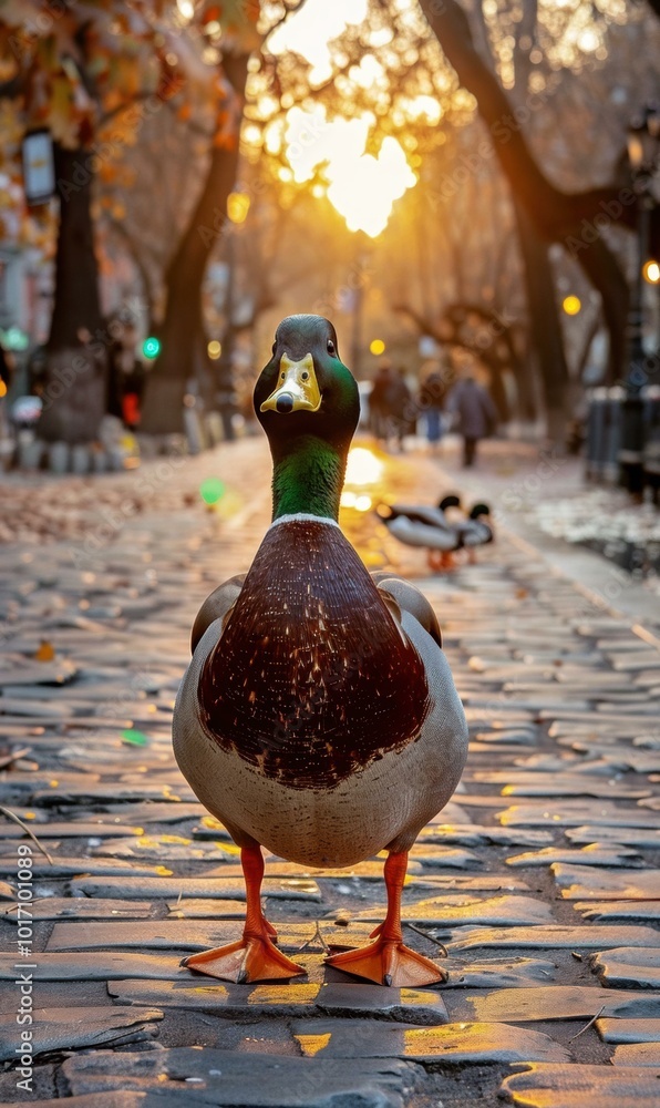 Poster a duck standing on a cobblestone path with the sun shining behind it. ai.